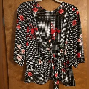 Express Black and White Blouse with Red Floral Design
